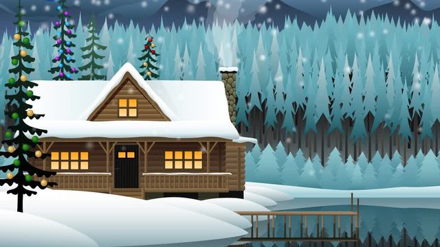 Vector winter landscape with mountain lake, wooden house with Christmas lights and rising smoke, snow falling