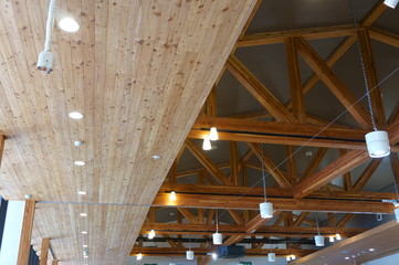 Lighting ceiling with wooden pillars