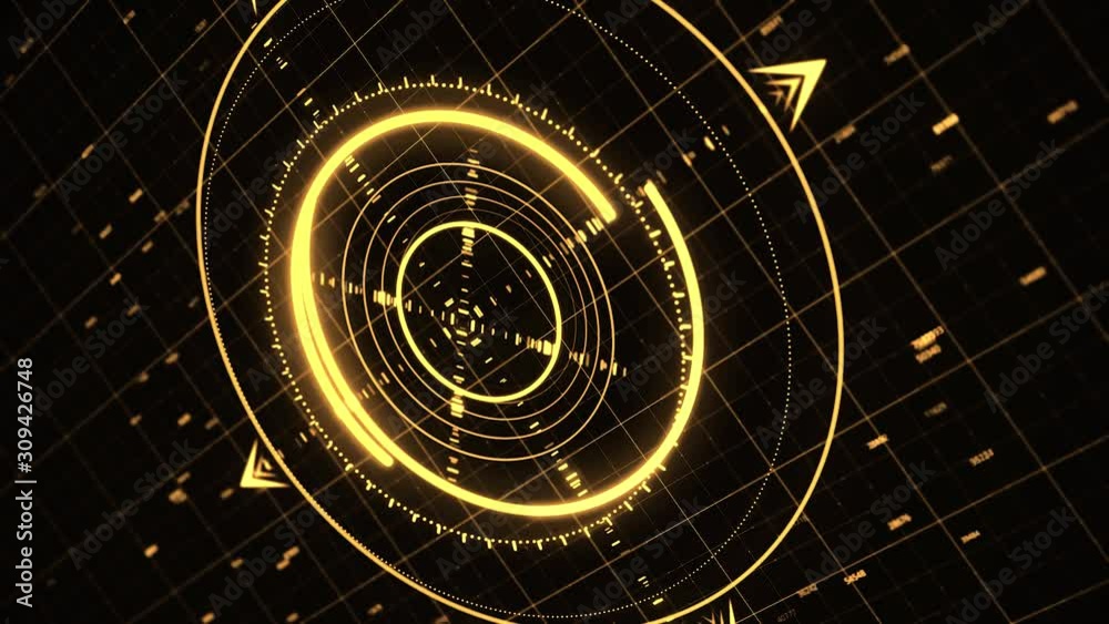 Poster digitally generated animation of targeting system with a yellow glow and program codes running on bl