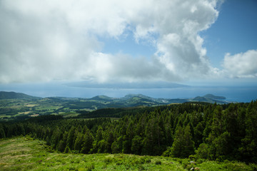 Fototapeta premium Green and blue agricultural pattern of Faial Island, Azores, Portugal