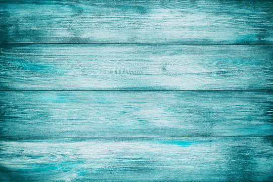 Blue old wood background texture with horizontal boards. Vintage cyan wooden texture as background
