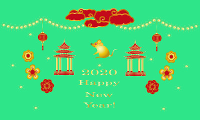 Happy Chinese New Year 2020 with Metal Rat symbol. Holiday banner, greeting card. Vector illustration