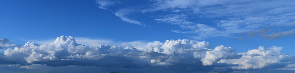 Summer sky and clouds. Panoramic photo, August, rainy season, atmospheric phenomena.