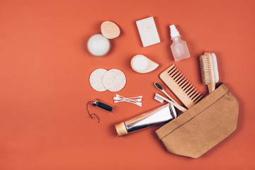 Zero waste cosmetics travel set. Flat lay style