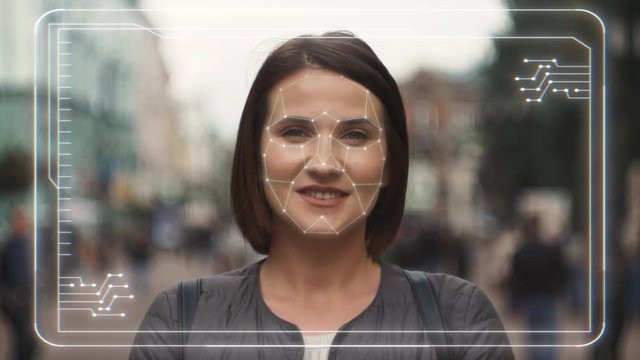 Animation 3d recognition scanning mask of the face woman. facial recognition protection and scan safety. future sci-fi animation , security, scanning and password banking access.
