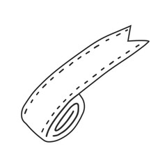 Decorative ribbon in roll, vector illustration in simple linear style. Outline hand drawn isolated drawing of fabric tape, modern line art, good as logo or icon.