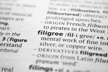 Fototapeta premium Word or phrase Filigree in a dictionary.