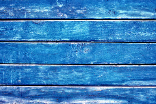 Blue Stained Wood Background Texture. Deep Blue Wooden Background With Horizontal Boards