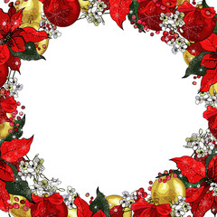 Beautiful Christmas frame with holly berries, flowers, poinsettia, gold and red balls. For festive season design, advertisement, greeting cards, invitation, posters. Vector.