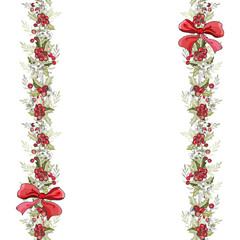 Christmas frame with holly branches, berries, flowers, leaves and red ribbons on white background. For festive season design, advertisement, greeting cards, invitation, posters. Vector illustration.