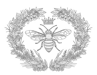 Design for t-shirts with image of wreath of flowers, honey bee and crown. Black and white vector illustration.
