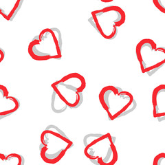 seamless pattern with red hearts and shadows on white background. grunge style for print