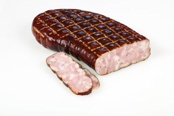 Tasty meat sausages over white background