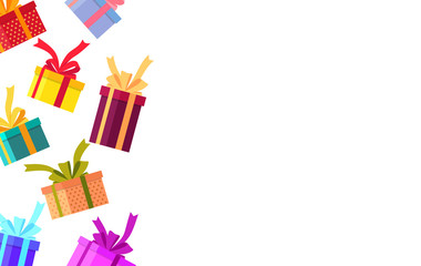 Falling gifts with bows banner. Falling down surprise boxes poster in flat style. Giftbox with ribbon for offer, holiday card, birthday, valentine day. Flying magic box for offer. vector illustration