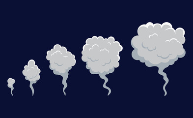 Smoke cloud explosion for animation. Cartoon cloud of fire, dust puff from speed motion, blast of bomb.Set shape of cloud in flat comic style. Toxic gas bubble. Isolated vector illustration