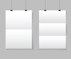 Realistic white blank paper format A4 in mockup style.Empty blank paper sheets hanging on binder clips. Poster hanging on a rope with clips on transparent background. vector