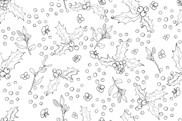 Christmas seamless pattern with holly berries, flowers and leaves. Black and white. Outline drawing. Monochrome background for festive season design, wrapping paper, textile, greeting cards. Vector.
