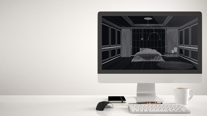 Architect house project concept, desktop computer on white background, work desk showing CAD sketch, classic bedroom with master bed, carpet, pendant lamp and big window