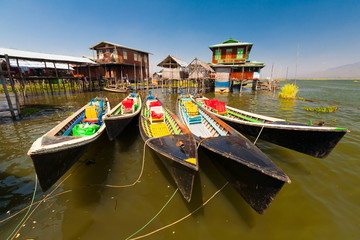 Fototapeta na wymiar Myanmar. Landscape. Inle lake. Boats. Trash