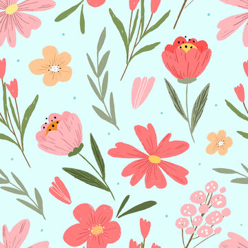 Hand drawn floral seamless pattern for print, textile, fabric. Spring summer decorative flowers background.