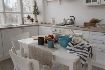 Photo of a Scandinavian minimalist style kitchen interior depicting winter holidays.