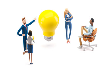 Team searching for new ideas solutions. 3d illustration.  Cartoon characters. Business teamwork concept. 