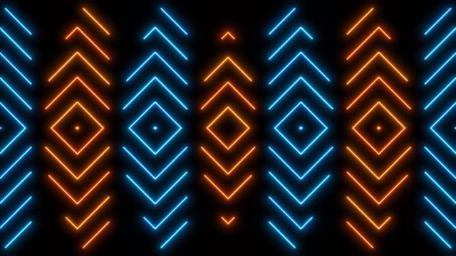 Abstract Animated Wall Of Glowing Orange And Blue Shapes Moving Endlessly.