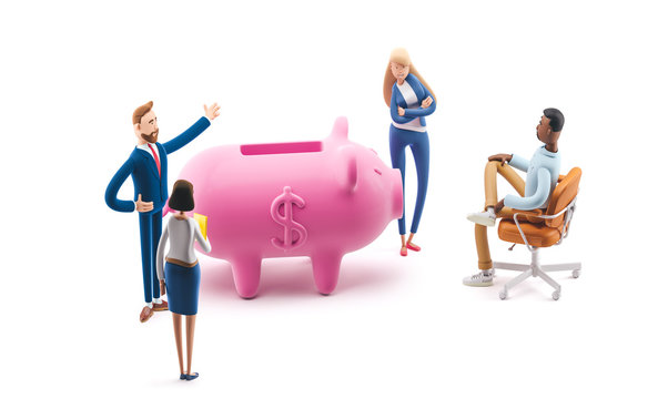 Deposit. Piggy bank. Bank team. 3d illustration.  Cartoon characters. Business teamwork concept. 