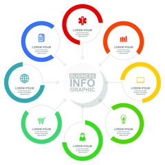 Business, health care and technology diagram, flat design circular infographic template, web presentation, 8 options, vector illustration