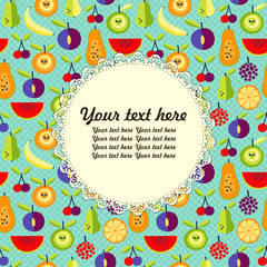 Fototapeta na wymiar Vector background with bright fruits place for text, menu seamless pattern