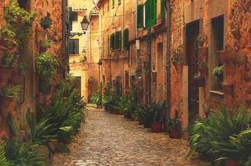 Street in Spain with flowers in summer