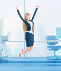 3d illustration. Young business woman Emma jumping celebrating victory