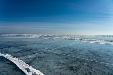 Panoramic view on ice on big lake