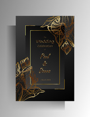 Design template wedding invitation. Hand-drawn golden floral elements on a black background. Vector 10 EPS.