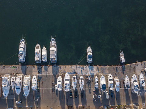 Aerial photo from drone of sea boats and yachts docked near ston