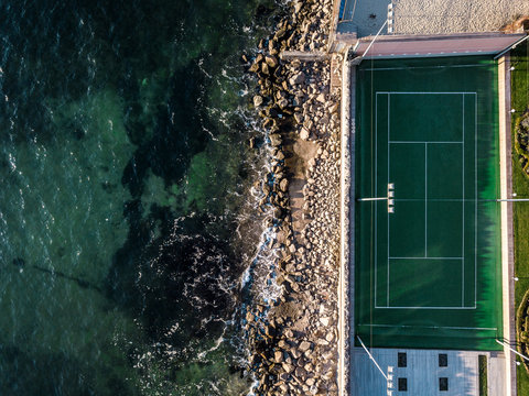 Bird's eye view from drone to basketball court on the stone seas