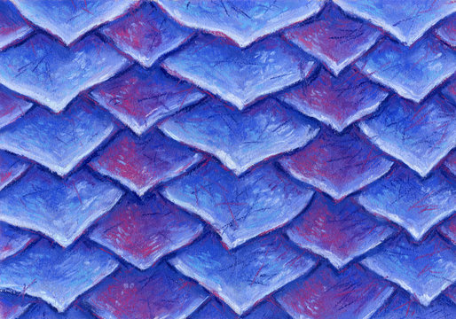 Original hand drawn pattern of blue bright scales made with soft pastel