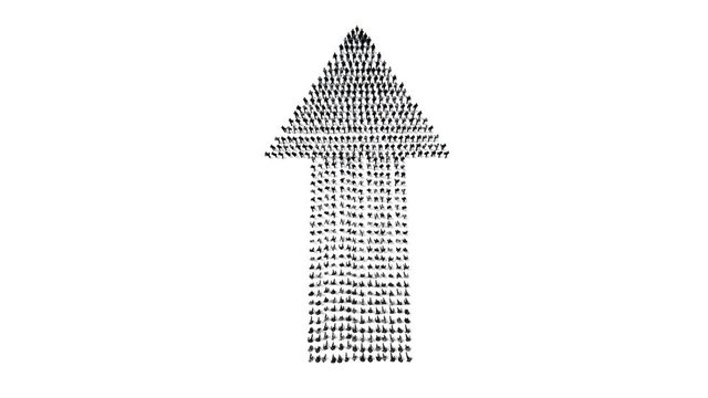 Businessmen crowd forming arrow shape pointing up, back view, 4K against white