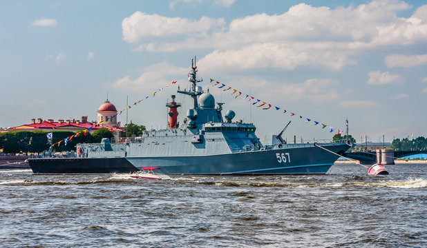 Small Rocket Ship Hurricane in Neva river preparing to the parade dedicated to Navy Day. It's celebrated in the last Sunday of July