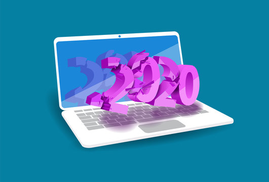 3D illustration. Broken 2020 numbers hang over laptop