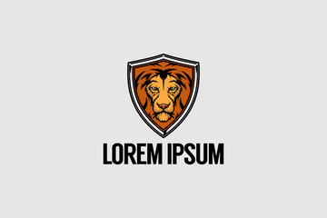 lion head cartoon with shield vector logo template