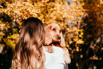 young woman and her cute puppy cocker spaniel dog outdoors in a park. Sunny weather, yellow leaves background
