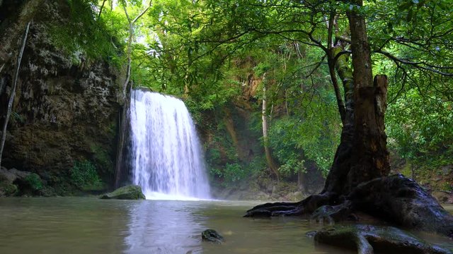 Erawan Waterfall in Spring trees colorful waterfall form mountain in the nature, Beautiful in Spring leaves season at Kanchanaburi,Thailand