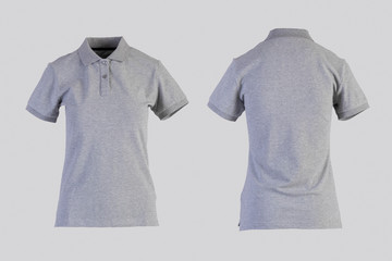 gray womens blank polo shirt, front and back view isolated on white on invisible mannequin