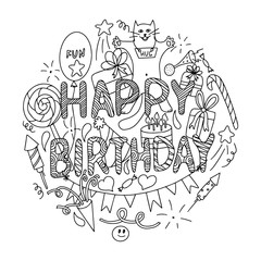 Black and white Vector illustration. Birthday card concept. Set of elements with the inscription 'Happy birthday'