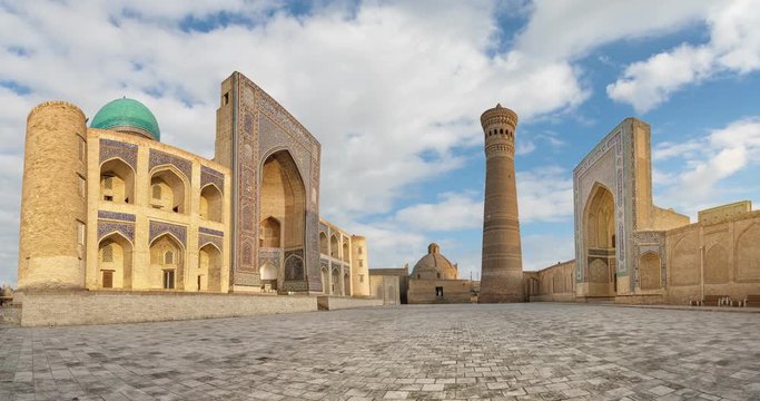 Poi Kalan - an Islamic religious complex located around the Kalan minaret in Bukhara, Uzbekistan (static image with animated sky)