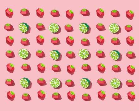 Pattern from handmade craft paper lime and ripe strawberries on a rose background. Fruit layout for your ideas. Flat lay