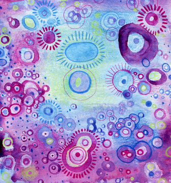 Abstract watercolor painting with little amebas in violet and blue colors