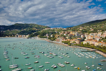 Panorama of the small port of Lerici and its beaches Liguria Italy