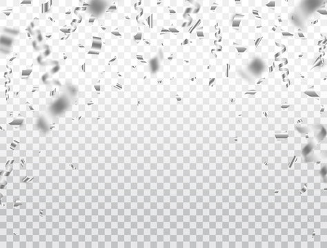 Silver confetti on transparent background. Falling shiny silver confetti and pieces of serpentine. Bright festive tinsel. Birthday decoration. Holiday party design elements. Vector illustration